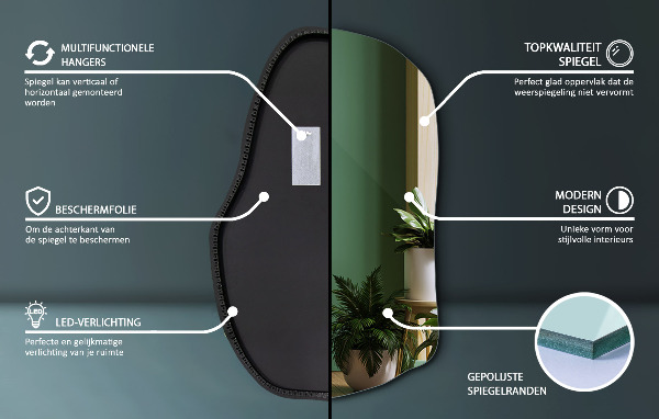 Organische spiegel met verlichting uniek 70x46 cm