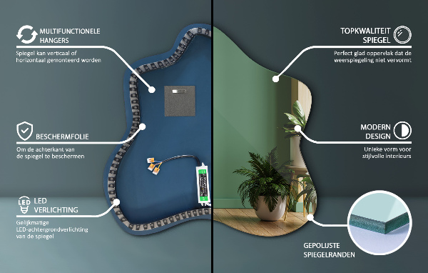 Asymmetrische vlek spiegel met verlichting 48x48 cm