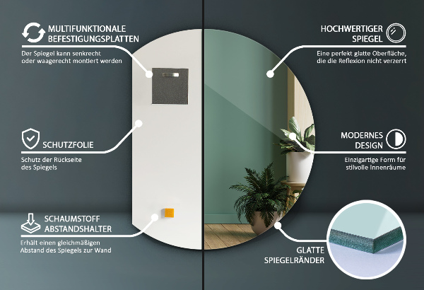 Ronde bijgesneden spiegel zonder kader 84x100 cm