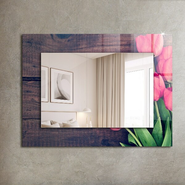 Spiegel met decoratie Hout met roze tulpen