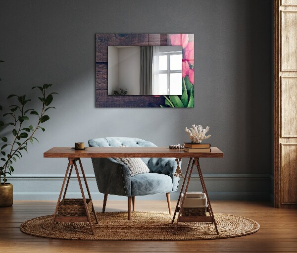 Spiegel met decoratie Hout met roze tulpen