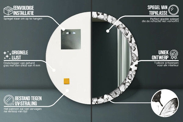 Ronde wandspiegel met print Vlinder
