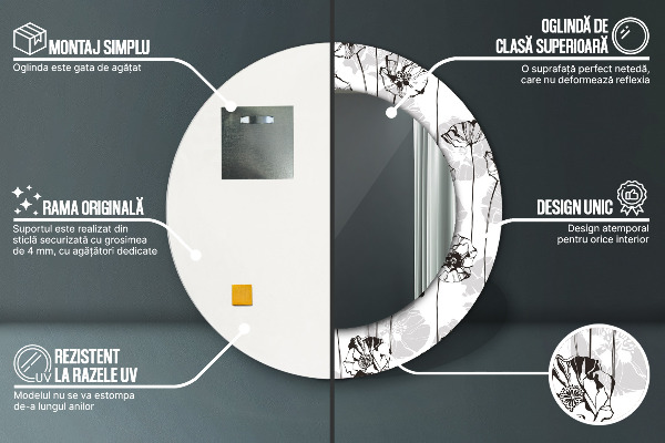 Ronde spiegel met bedrukte lijst Klaprozen bloemen