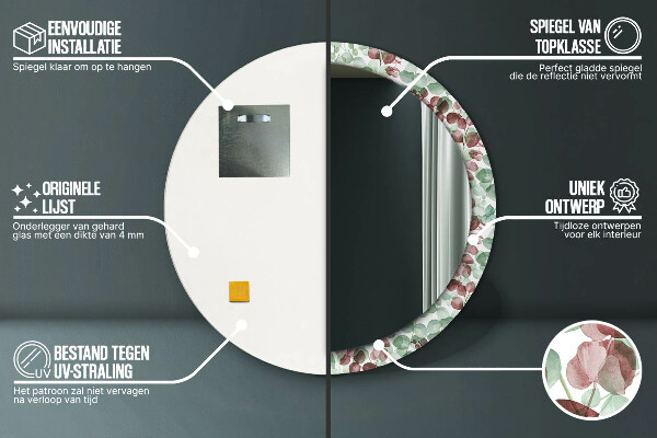 Ronde wandspiegel met print Eucalyptus