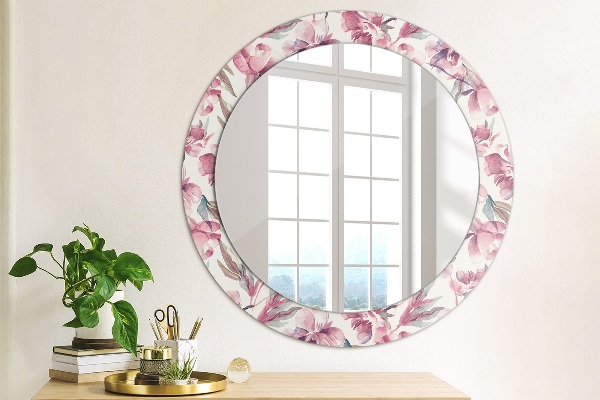 Ronde spiegel met bedrukte lijst Pioenrozen bloemen