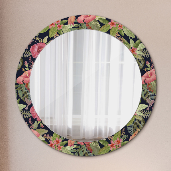 Ronde spiegel met decoratie Hibiscusbloemen