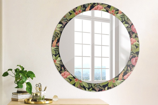 Ronde spiegel met decoratie Hibiscusbloemen
