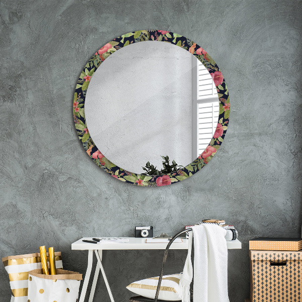 Ronde spiegel met decoratie Hibiscusbloemen