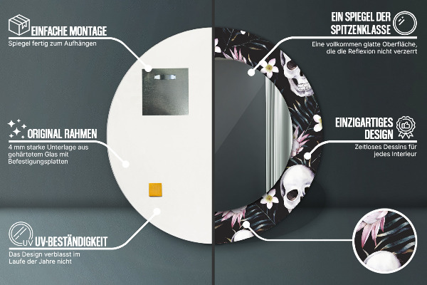 Ronde spiegel met decoratie Schedel bloemen