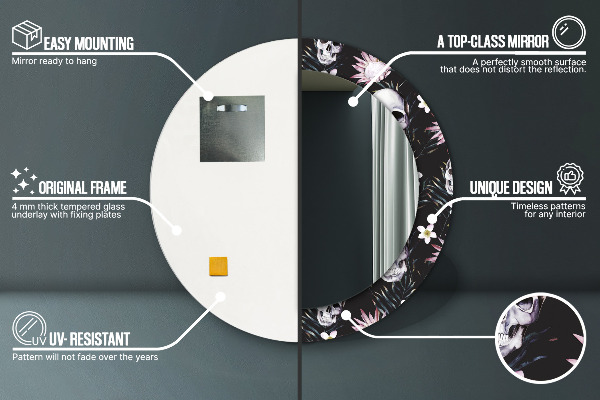 Ronde spiegel met decoratie Schedel bloemen