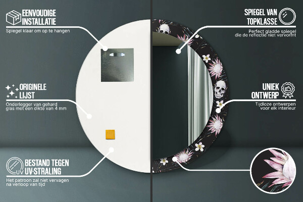 Ronde spiegel met decoratie Schedel bloemen