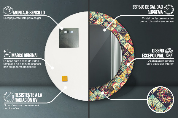 Ronde spiegel met bedrukte lijst Etnische bloemen