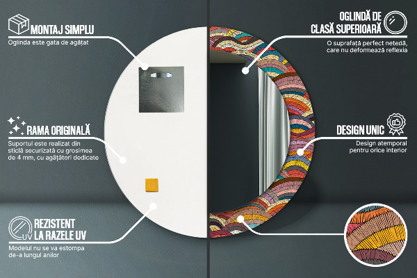 Ronde spiegel met bedrukte lijst Boheems ornament