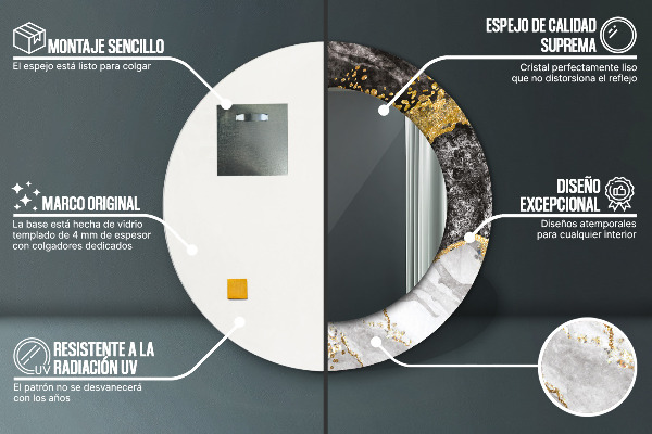 Ronde wandspiegel met print Marmer en goud