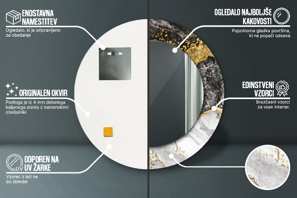 Ronde wandspiegel met print Marmer en goud