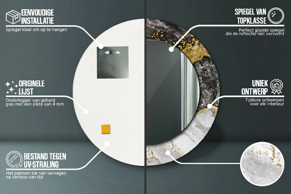 Ronde wandspiegel met print Marmer en goud