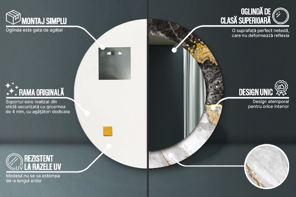 Ronde wandspiegel met print Marmer en goud