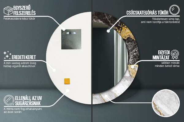 Ronde wandspiegel met print Marmer en goud