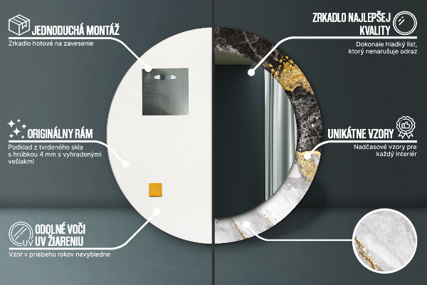 Ronde wandspiegel met print Marmer en goud