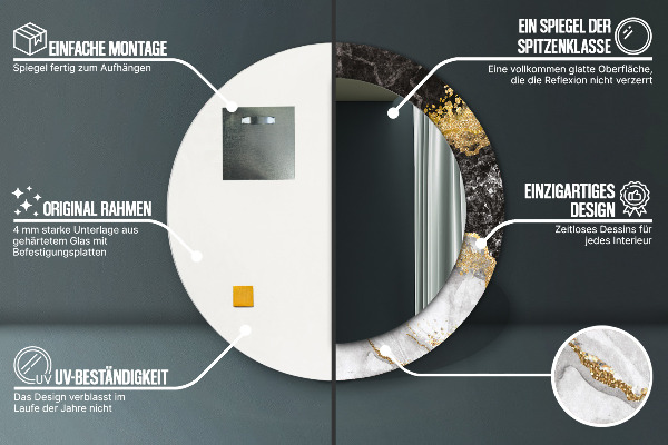 Ronde wandspiegel met print Marmer en goud