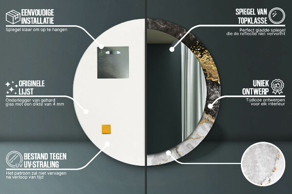 Ronde wandspiegel met print Marmer en goud