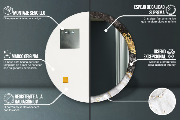 Ronde wandspiegel met print Marmer en goud