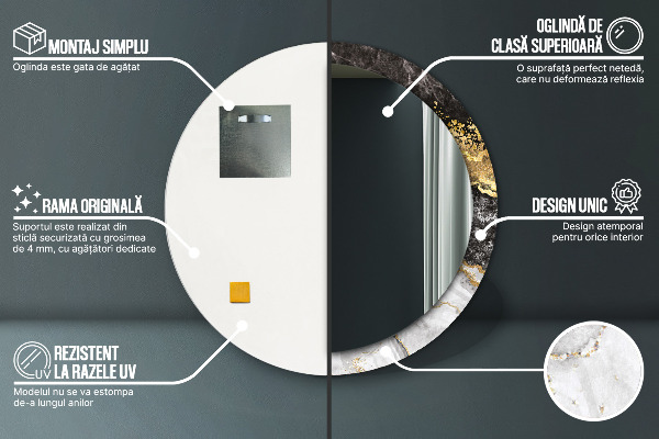 Ronde wandspiegel met print Marmer en goud