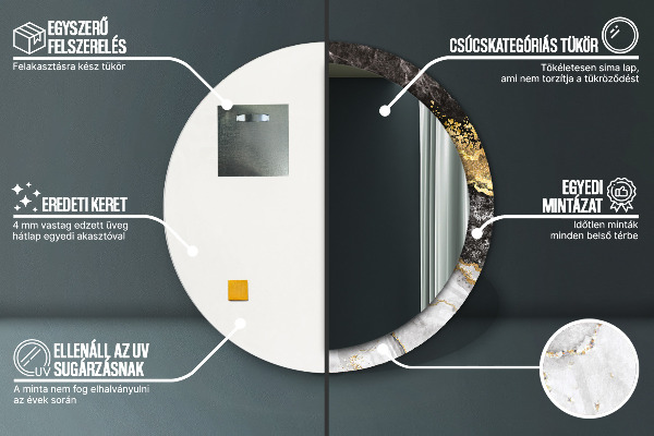 Ronde wandspiegel met print Marmer en goud