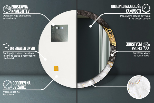 Ronde wandspiegel met print Marmer en goud