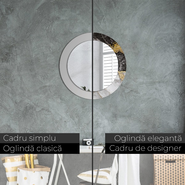 Ronde wandspiegel met print Marmer en goud