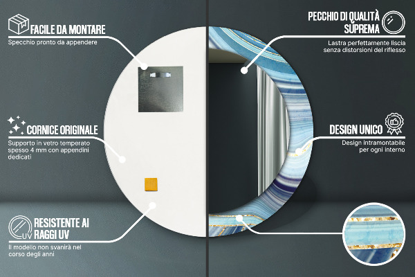 Ronde wandspiegel met print Blauw marmer