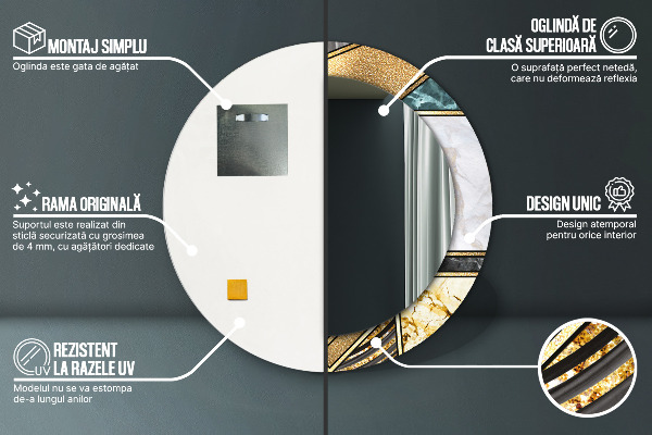 Ronde spiegel met bedrukte lijst Marmeren agaat en goud