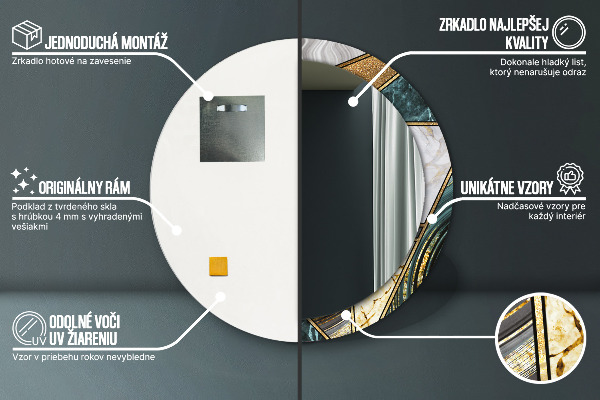Ronde spiegel met bedrukte lijst Marmeren agaat en goud