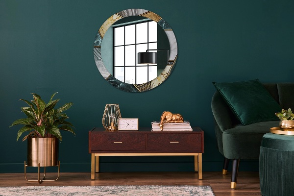 Ronde spiegel met bedrukte lijst Marmeren agaat en goud