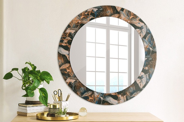 Ronde wandspiegel met print Donkere tropische bladeren