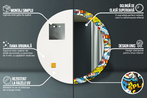 Ronde wandspiegel met print Patroon in stripboekstijl