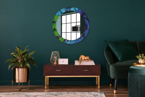 Ronde spiegel met bedrukte lijst Blauwe en groene vlinder