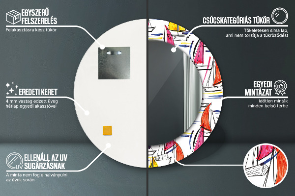 Ronde spiegel met bedrukte lijst Boot op het meer