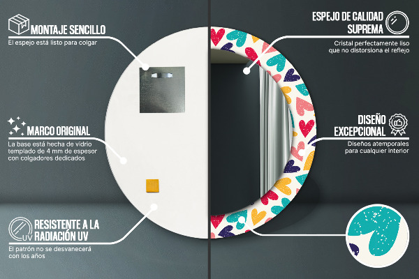 Ronde wandspiegel met print Kleurrijke harten