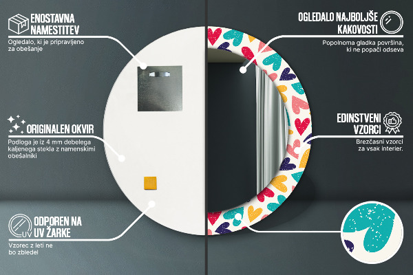 Ronde wandspiegel met print Kleurrijke harten