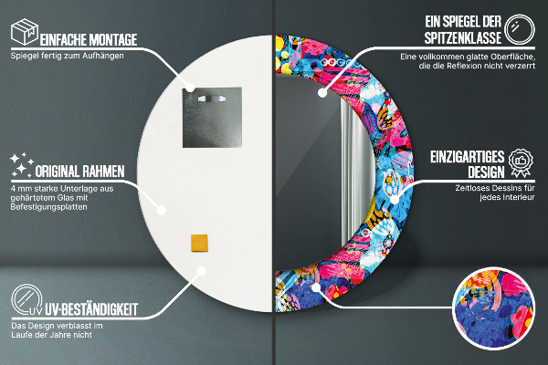 Ronde wandspiegel met print Kleurrijke krabbels