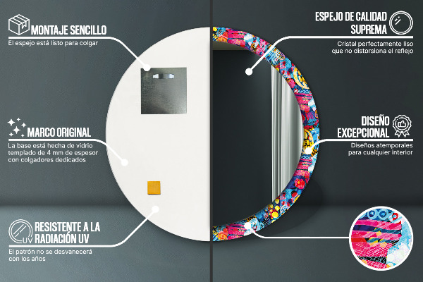 Ronde wandspiegel met print Kleurrijke krabbels