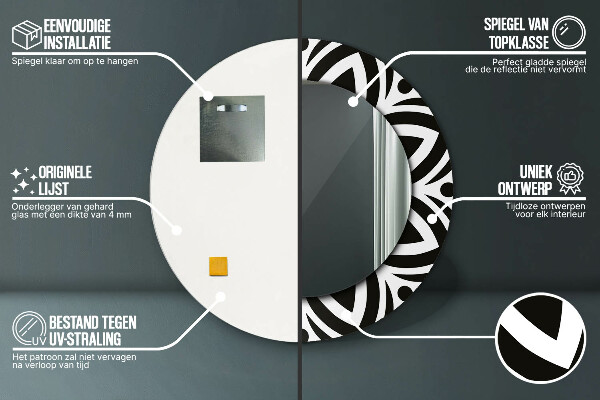 Ronde wandspiegel met print Zwart geometrisch ornament