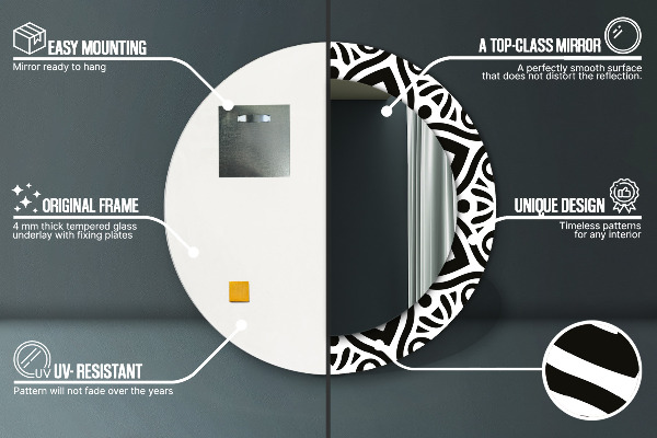 Ronde wandspiegel met print Zwart geometrisch ornament