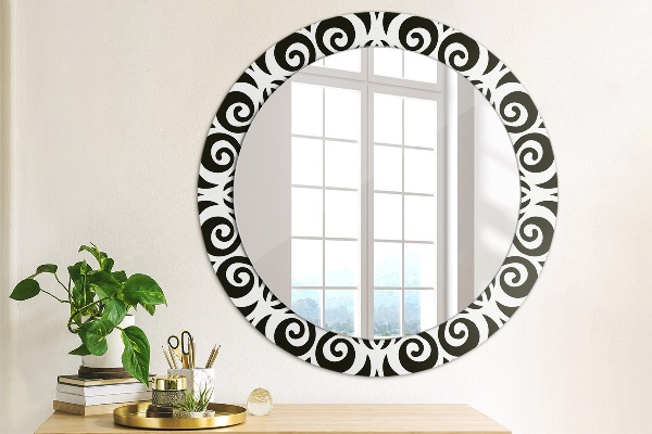 Ronde wandspiegel met print Zwart geometrisch ornament