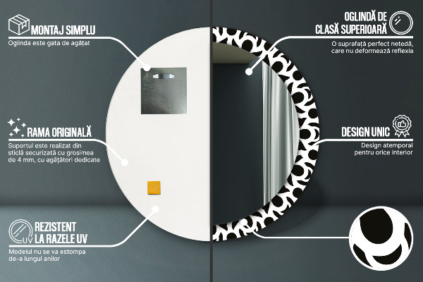 Ronde wandspiegel met print Zwart geometrisch ornament