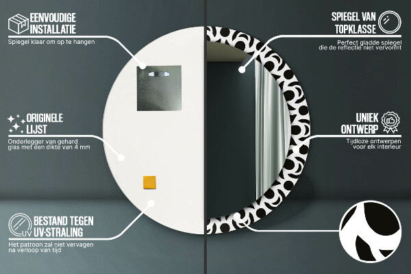 Ronde wandspiegel met print Zwart geometrisch ornament
