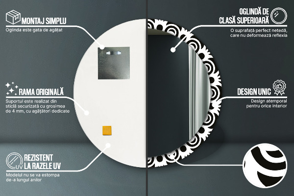 Ronde wandspiegel met print Zwart geometrisch ornament