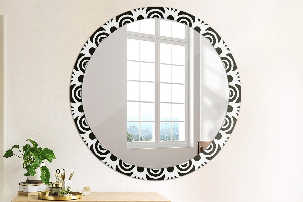 Ronde wandspiegel met print Zwart geometrisch ornament