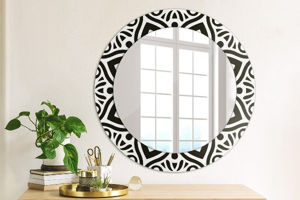 Ronde wandspiegel met print Zwart geometrisch ornament